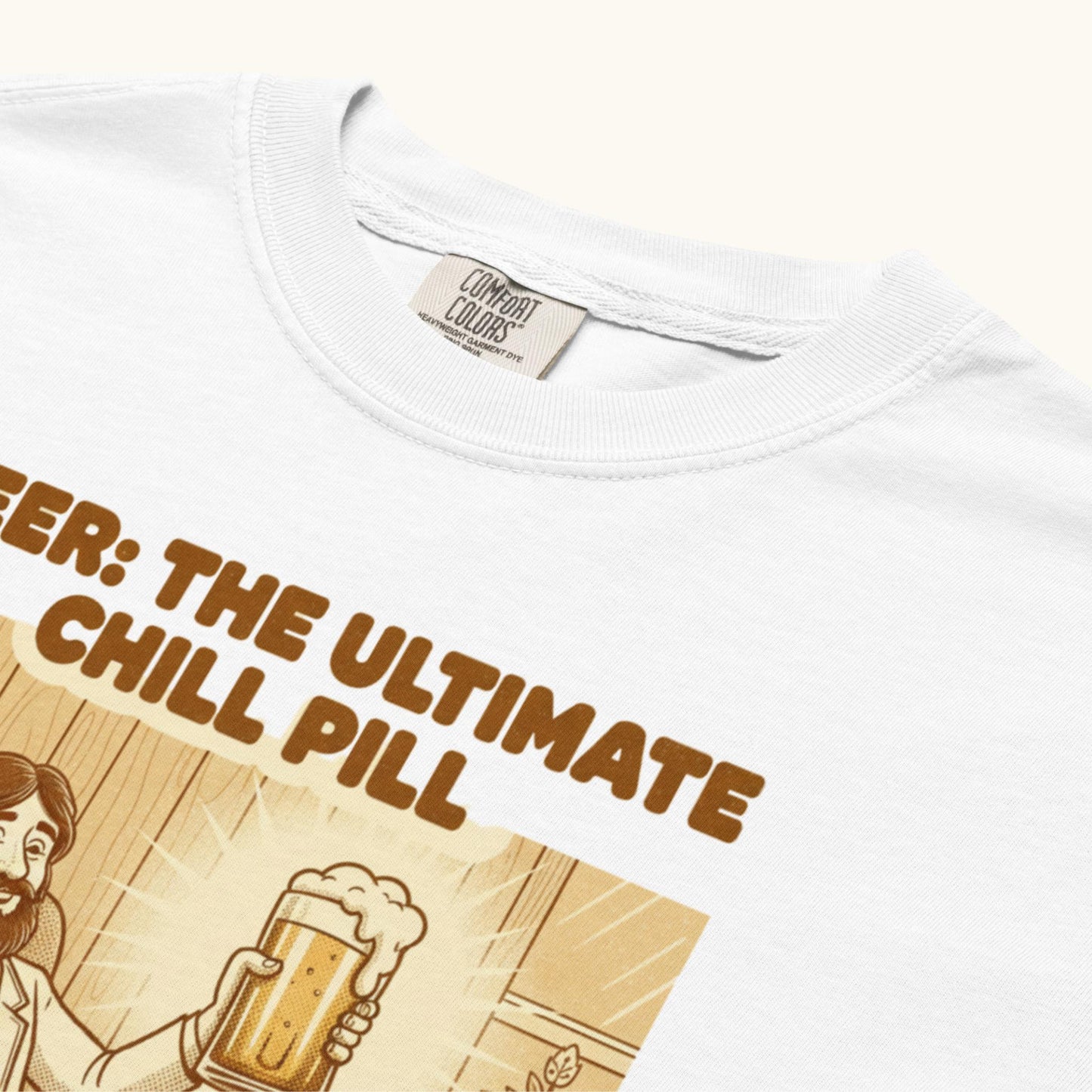 Unisex t-shirt with vintage illustration of a relaxed man holding a beer and the text Beer: The Ultimate Chill Pill.