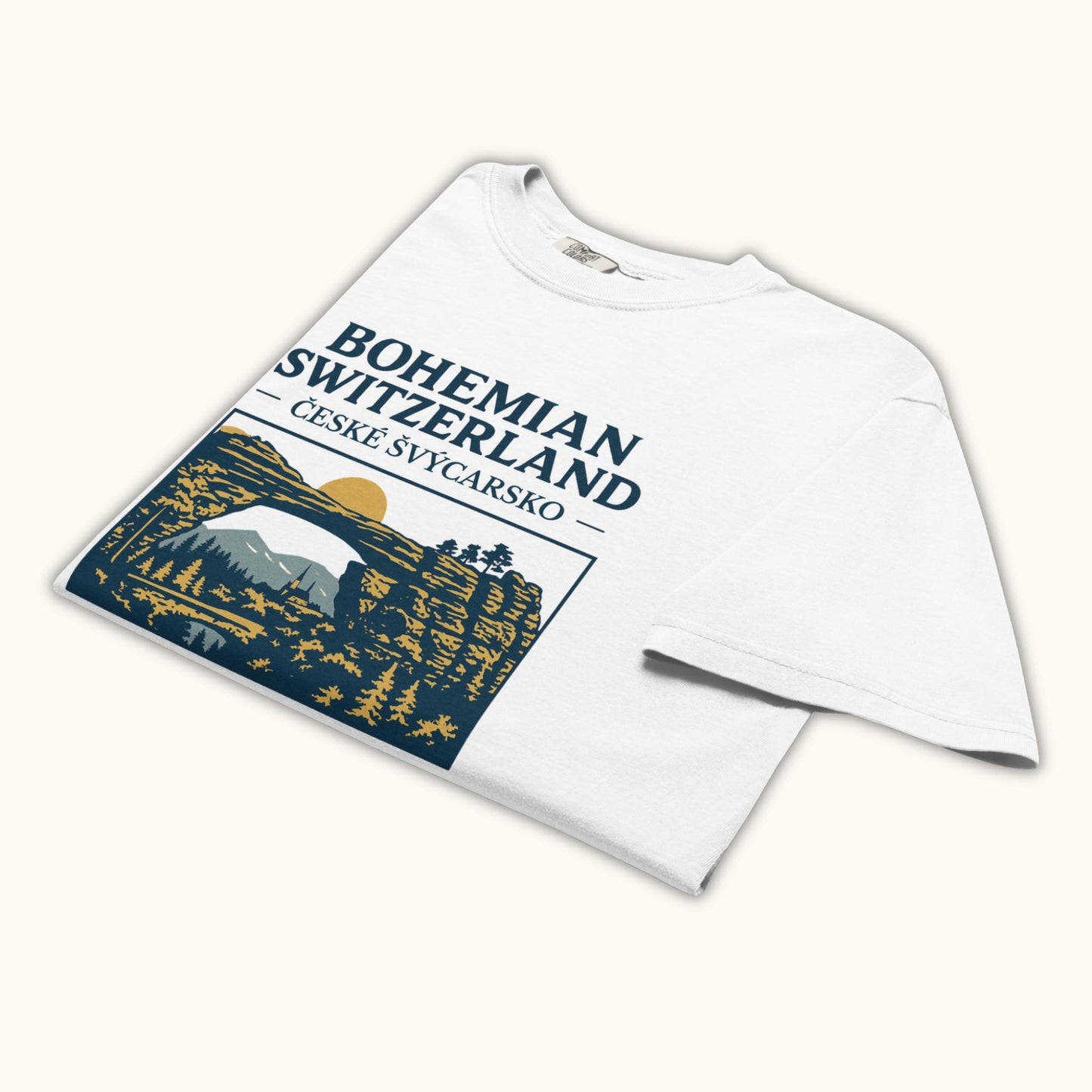 Unisex Bohemian Switzerland t-shirt featuring Pravčická Gate illustration in vintage outdoor style.
