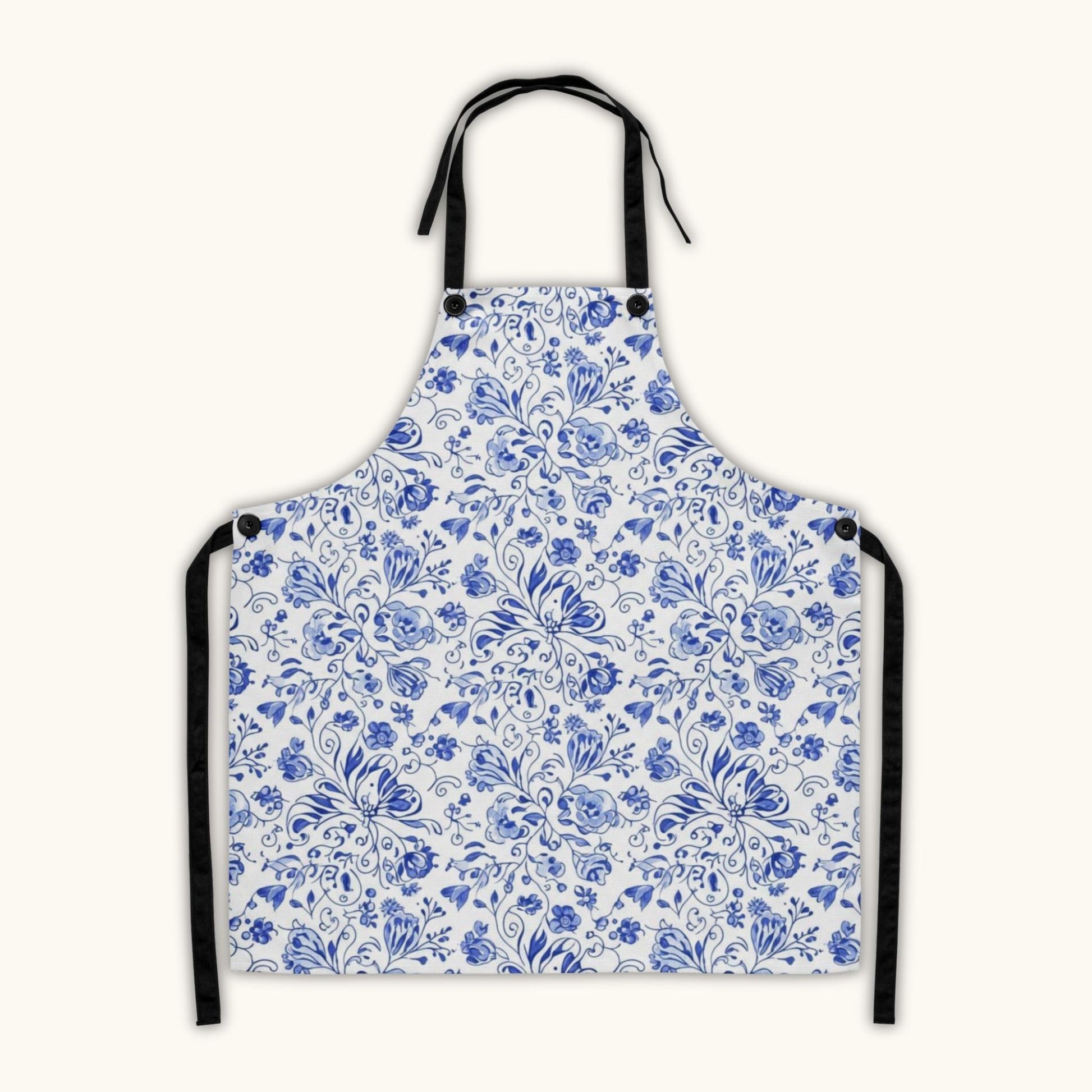 Bohemian blue Czech folk floral apron with black straps
