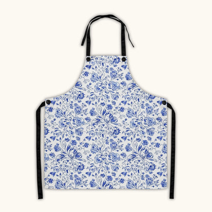 Bohemian blue Czech folk floral apron with black straps

