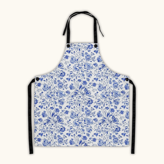 Bohemian blue Czech folk floral apron with black straps
