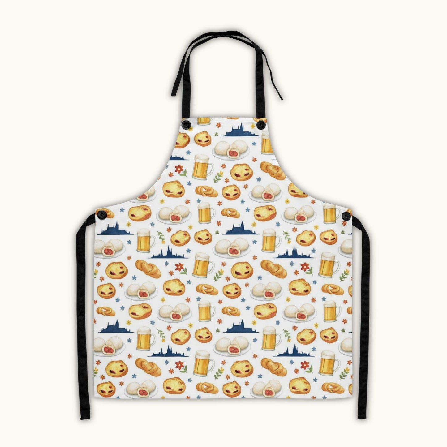 Czech beer and pastry pattern apron with koláče and pivo illustrations
