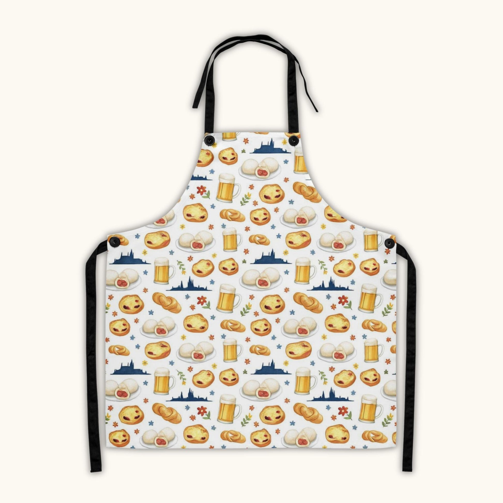 Czech beer and pastry pattern apron with koláče and pivo illustrations
