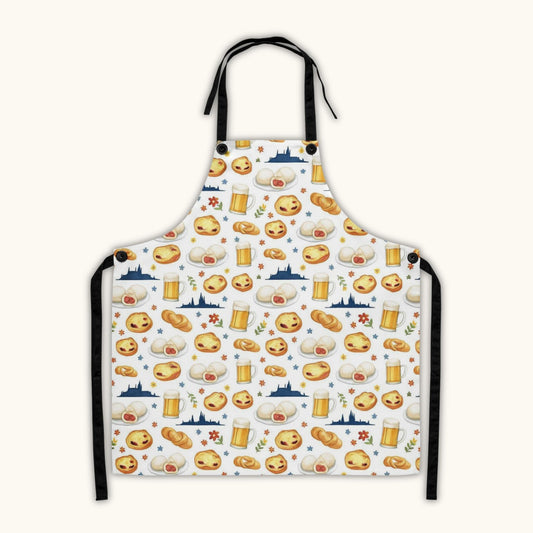 Czech beer and pastry pattern apron with koláče and pivo illustrations
