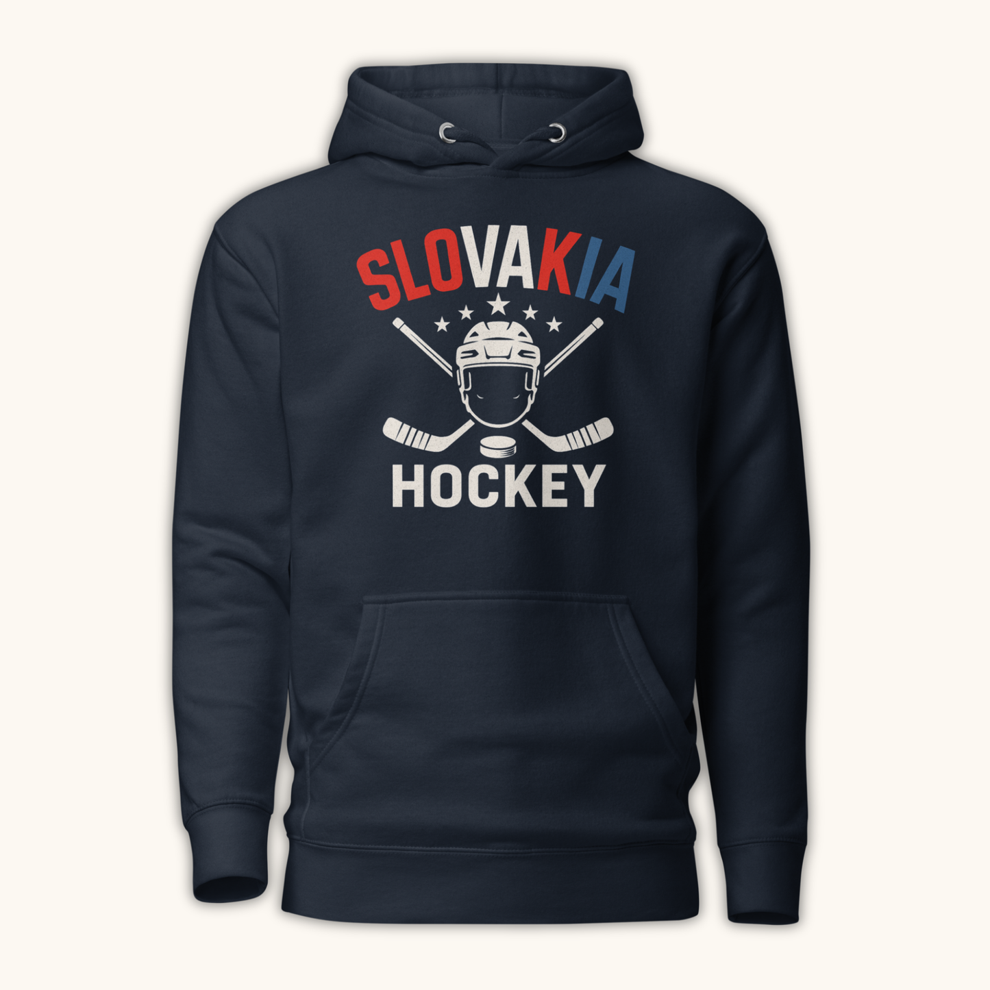Unisex Slovakia hockey hoodie with crossed sticks and helmet
