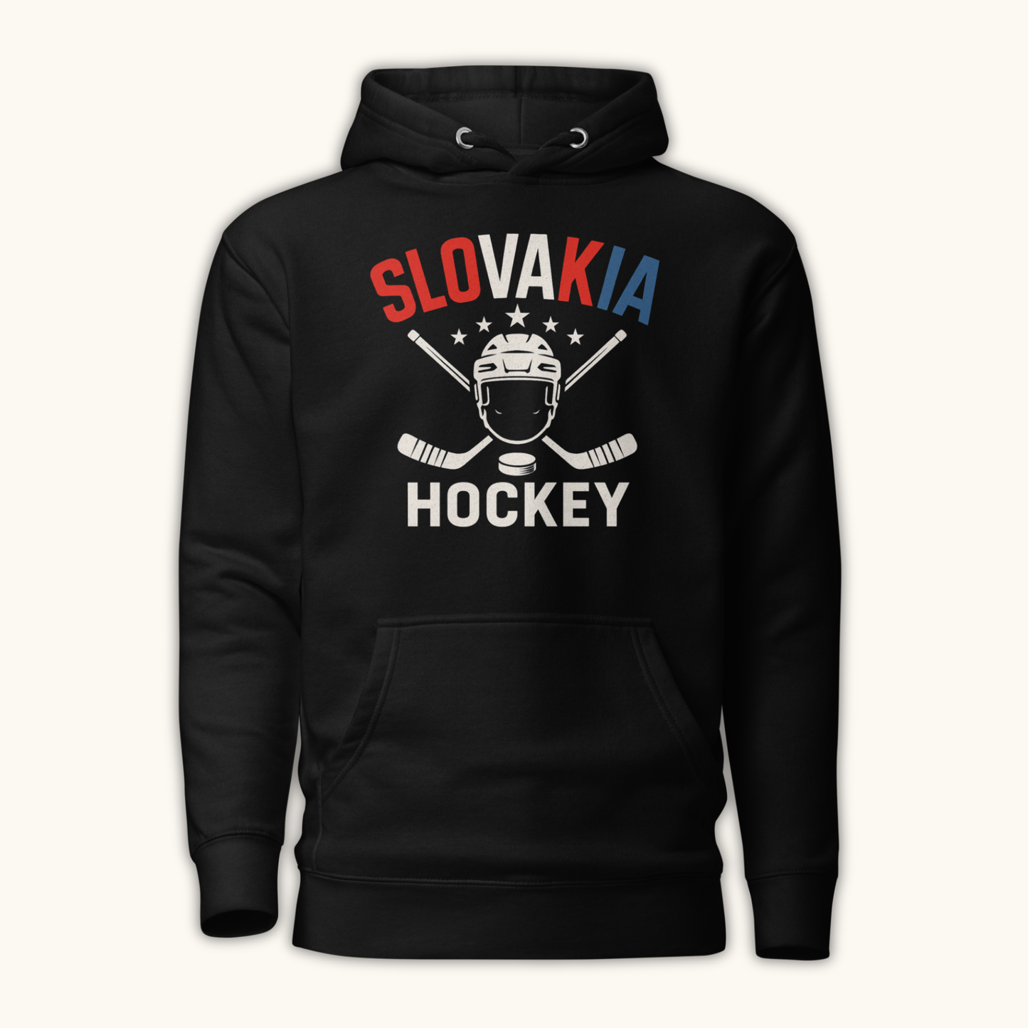 Unisex Slovakia hockey hoodie with crossed sticks and helmet
