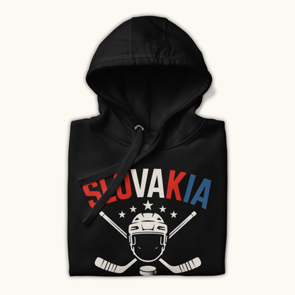 Unisex Slovakia hockey hoodie with crossed sticks and helmet
