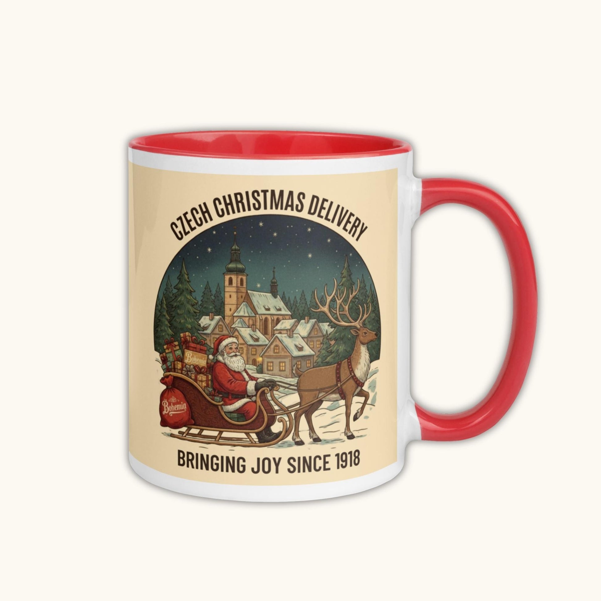 Vintage Czech Christmas mug with Santa sleigh illustration