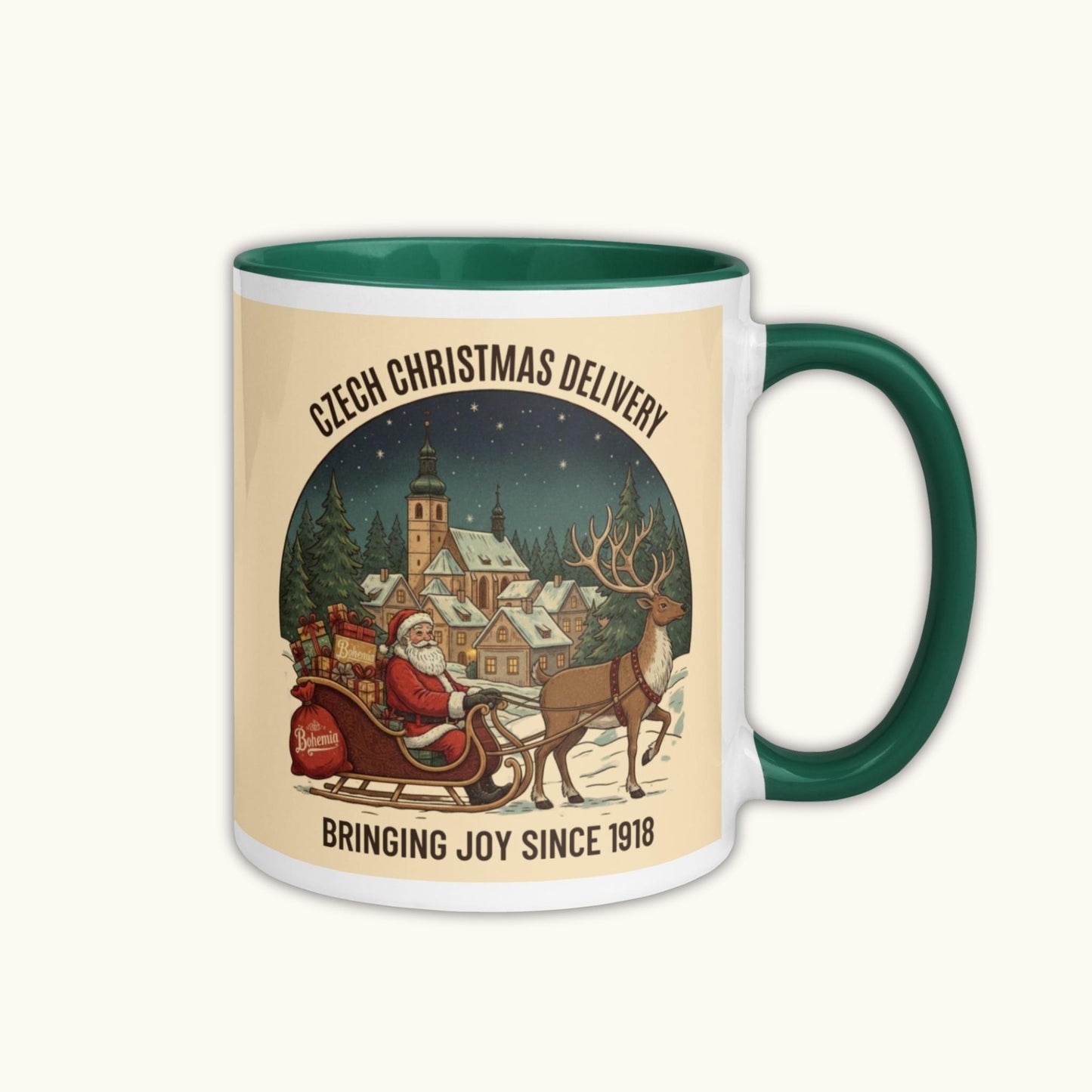 Vintage Czech Christmas mug with Santa sleigh illustration