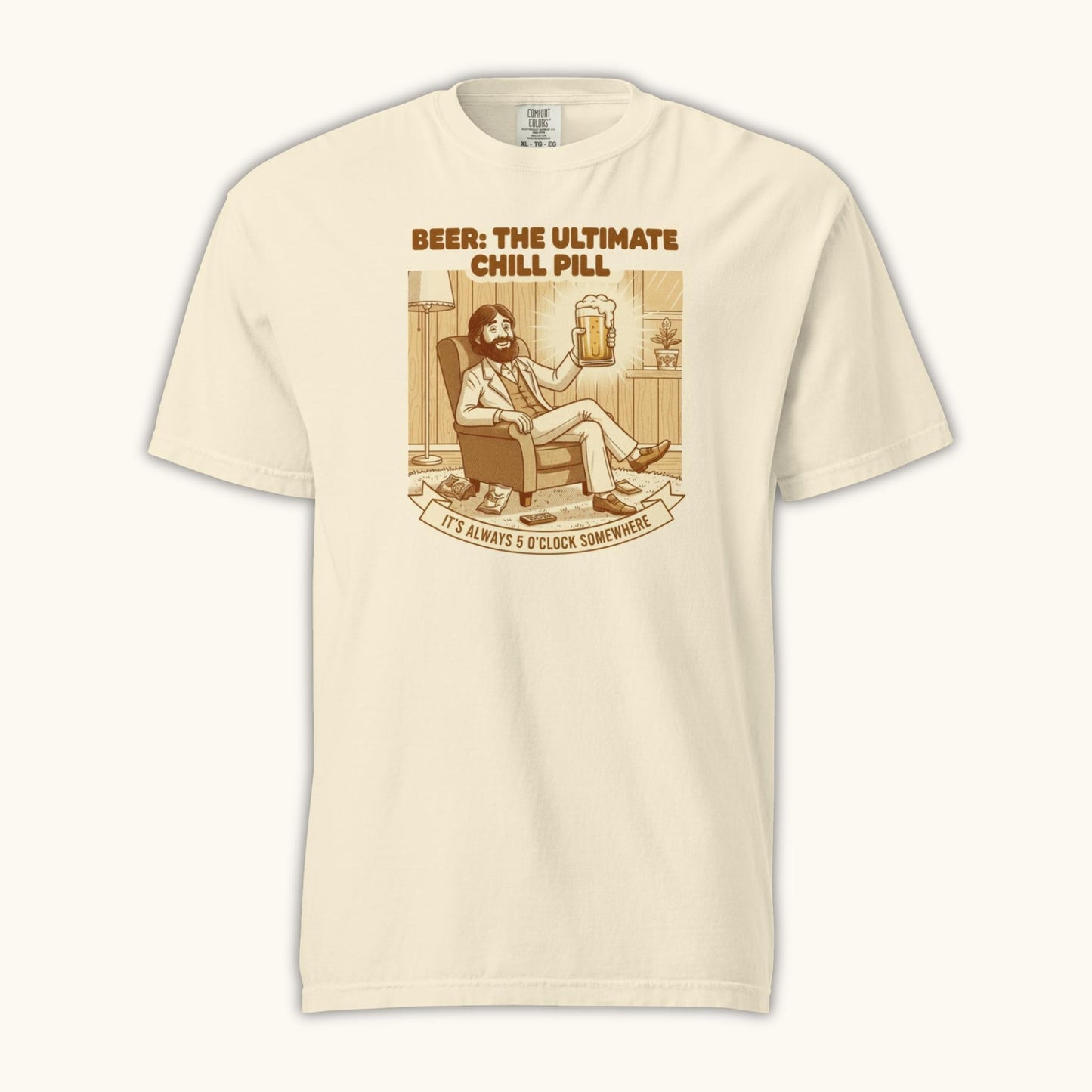 Unisex t-shirt with vintage illustration of a relaxed man holding a beer and the text Beer: The Ultimate Chill Pill.
