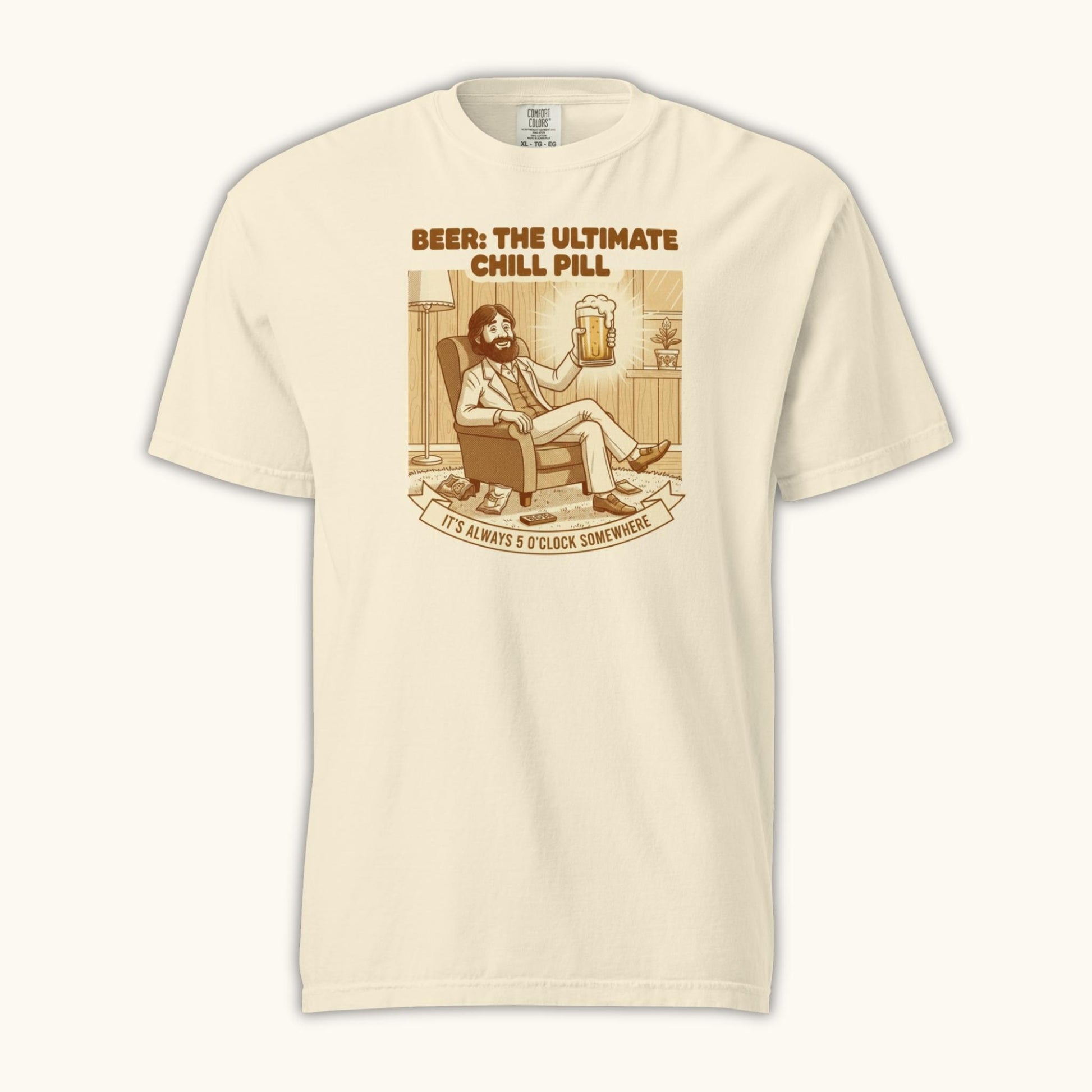 Unisex t-shirt with vintage illustration of a relaxed man holding a beer and the text Beer: The Ultimate Chill Pill.
