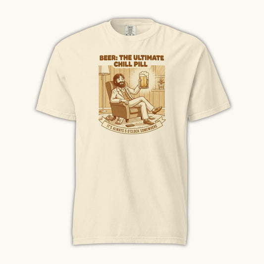 Unisex t-shirt with vintage illustration of a relaxed man holding a beer and the text Beer: The Ultimate Chill Pill.
