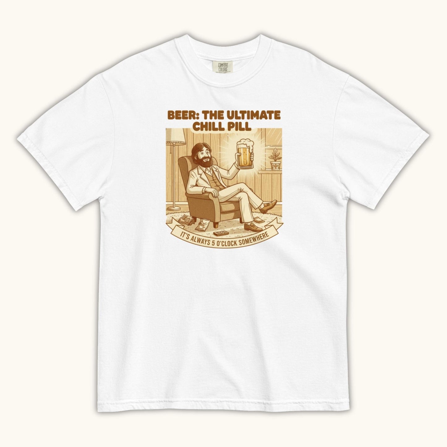 Unisex t-shirt with vintage illustration of a relaxed man holding a beer and the text Beer: The Ultimate Chill Pill.
