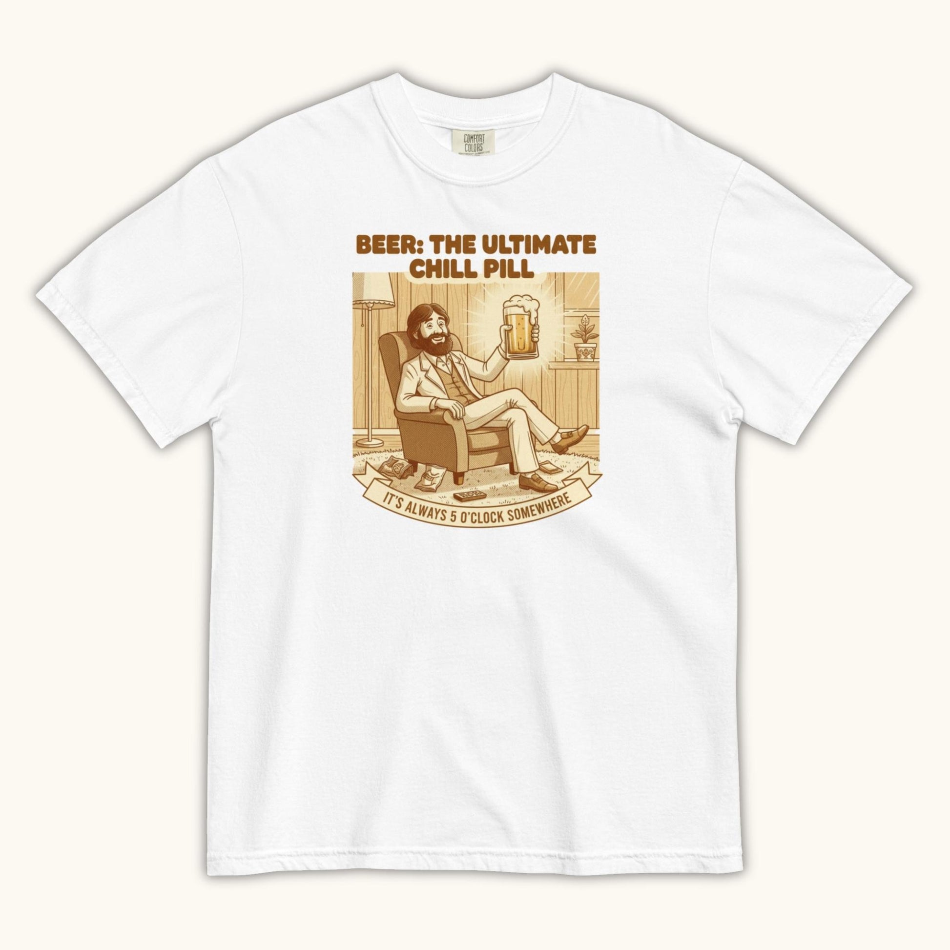 Unisex t-shirt with vintage illustration of a relaxed man holding a beer and the text Beer: The Ultimate Chill Pill.
