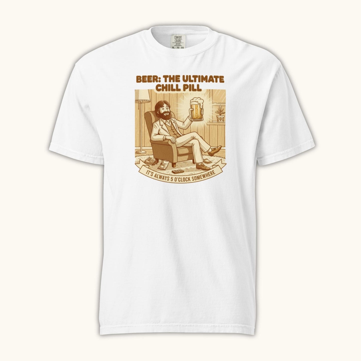 Unisex t-shirt with vintage illustration of a relaxed man holding a beer and the text Beer: The Ultimate Chill Pill.
