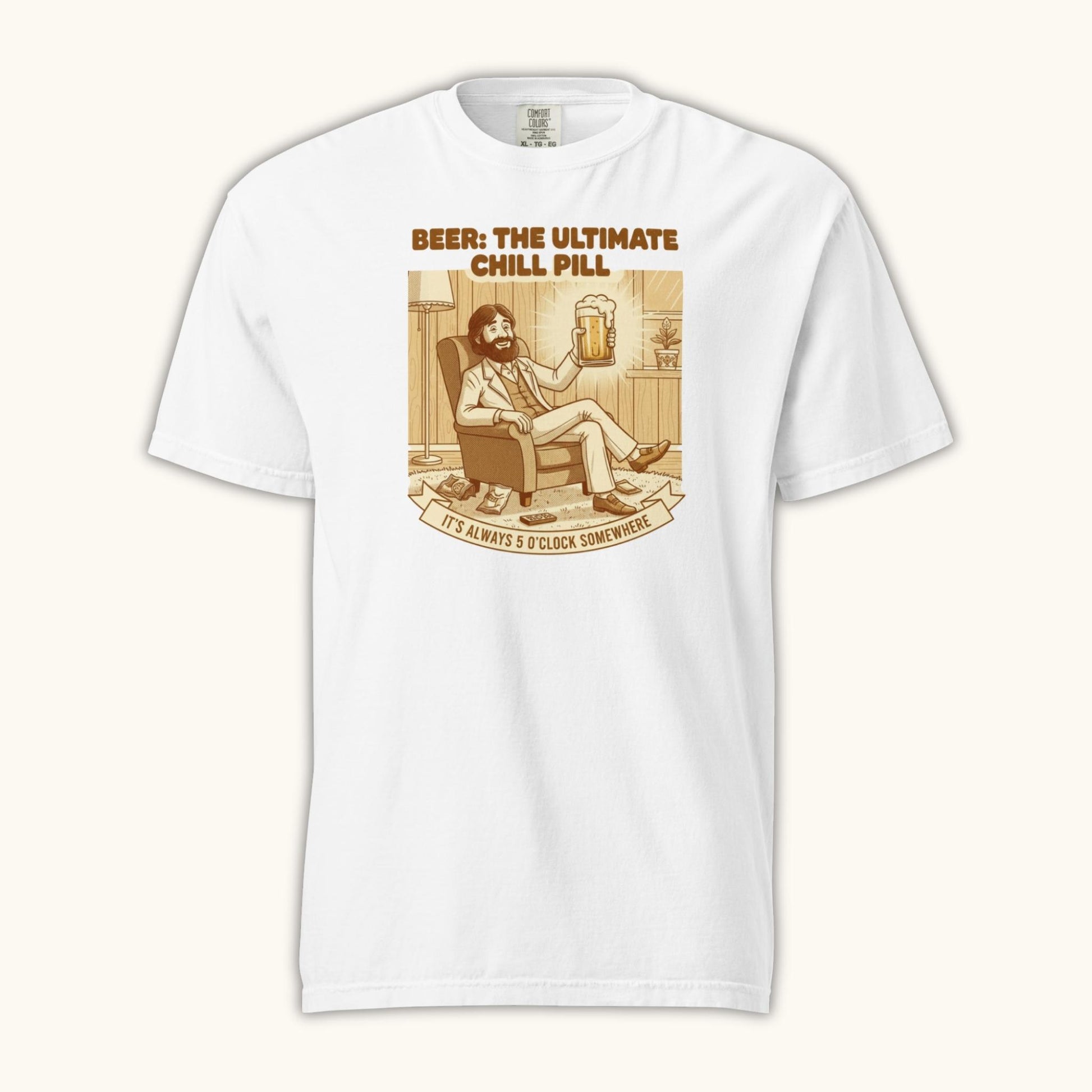 Unisex t-shirt with vintage illustration of a relaxed man holding a beer and the text Beer: The Ultimate Chill Pill.
