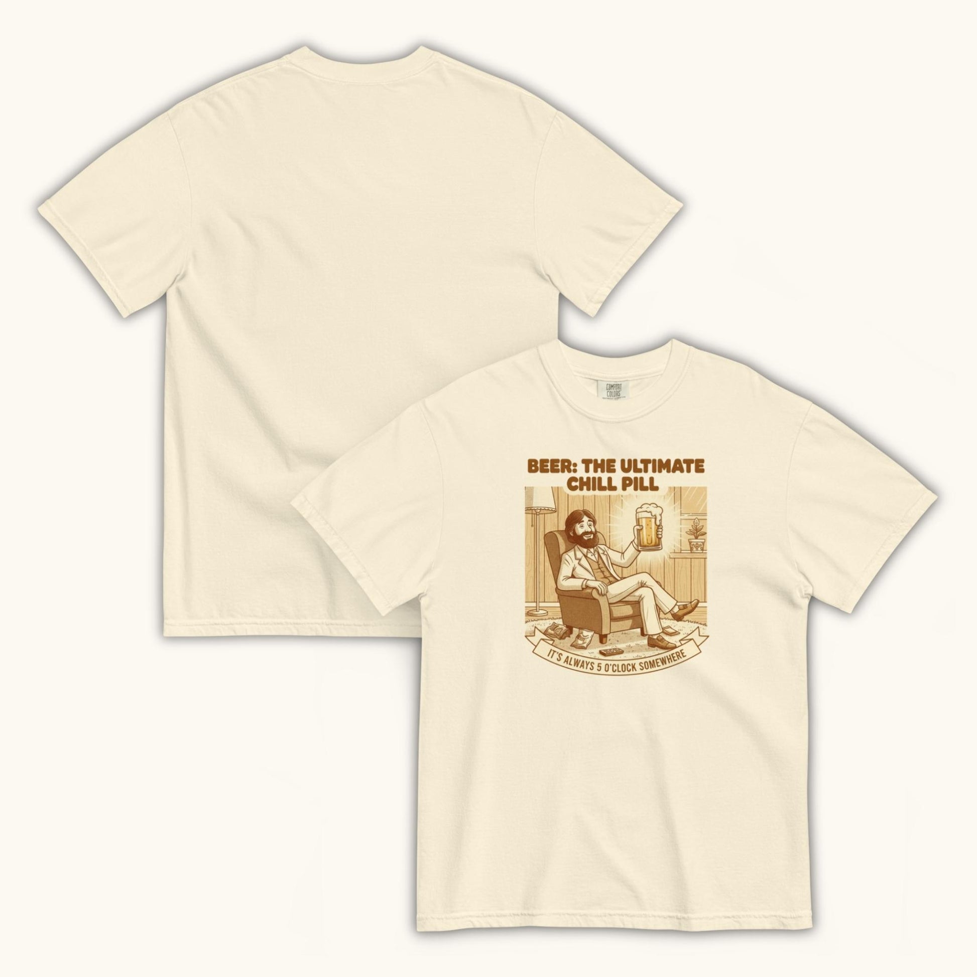 Unisex t-shirt with vintage illustration of a relaxed man holding a beer and the text Beer: The Ultimate Chill Pill.
