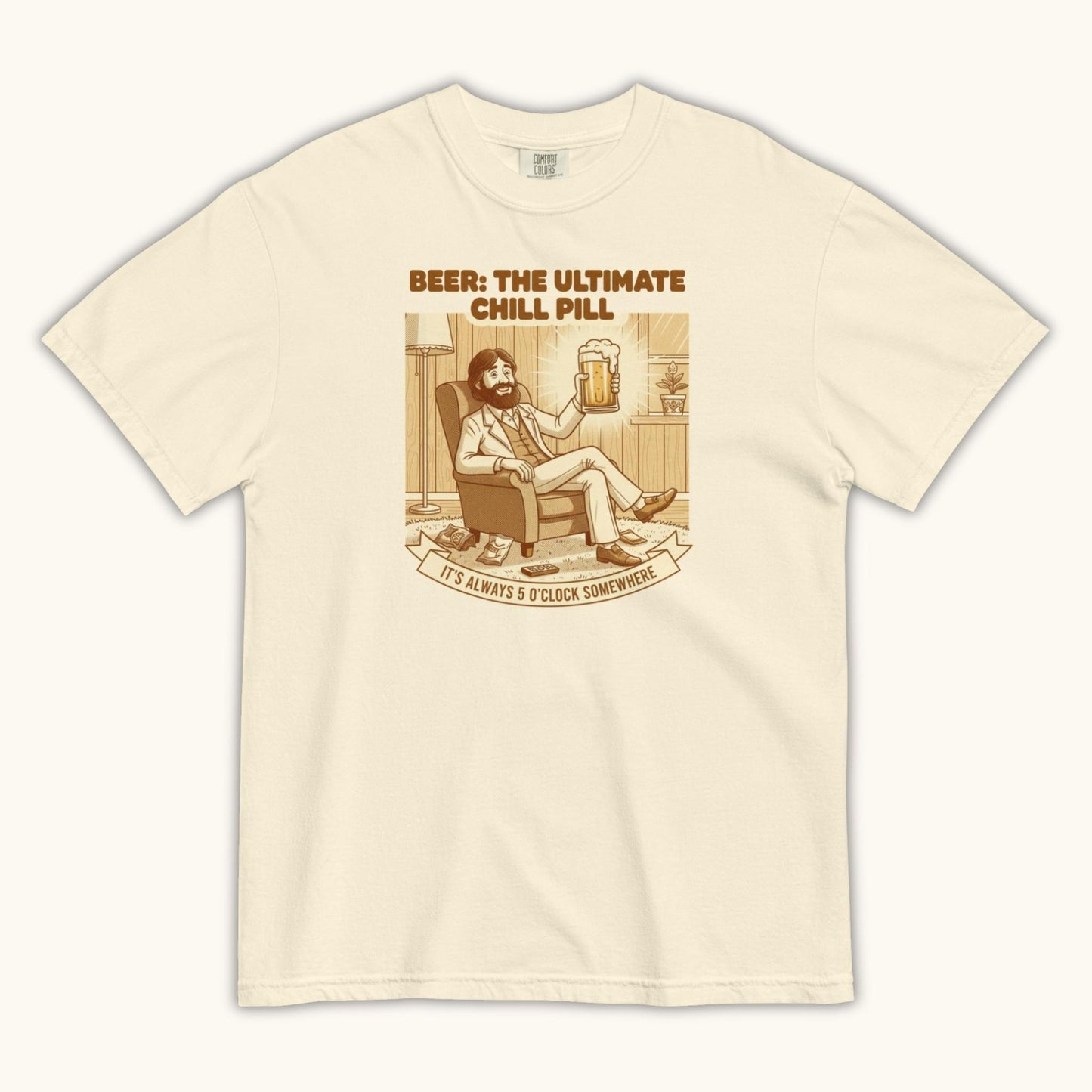 Unisex t-shirt with vintage illustration of a relaxed man holding a beer and the text Beer: The Ultimate Chill Pill.
