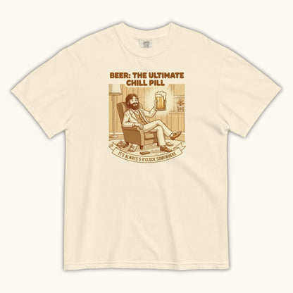 Unisex t-shirt with vintage illustration of a relaxed man holding a beer and the text Beer: The Ultimate Chill Pill.
