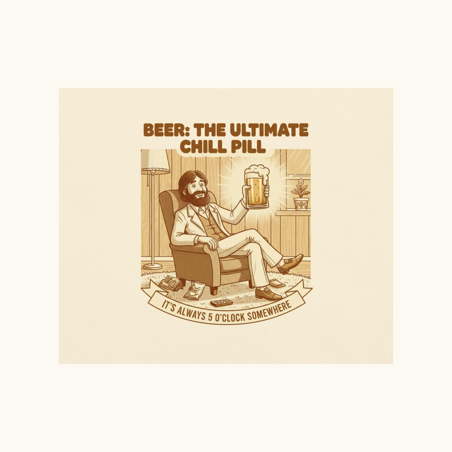 Unisex t-shirt with vintage illustration of a relaxed man holding a beer and the text Beer: The Ultimate Chill Pill.
