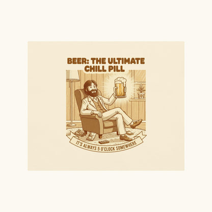 Unisex t-shirt with vintage illustration of a relaxed man holding a beer and the text Beer: The Ultimate Chill Pill.
