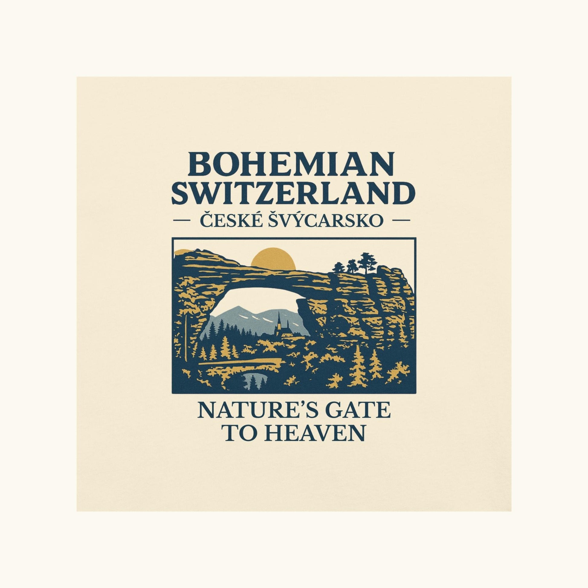 Unisex Bohemian Switzerland t-shirt featuring Pravčická Gate illustration in vintage outdoor style.
