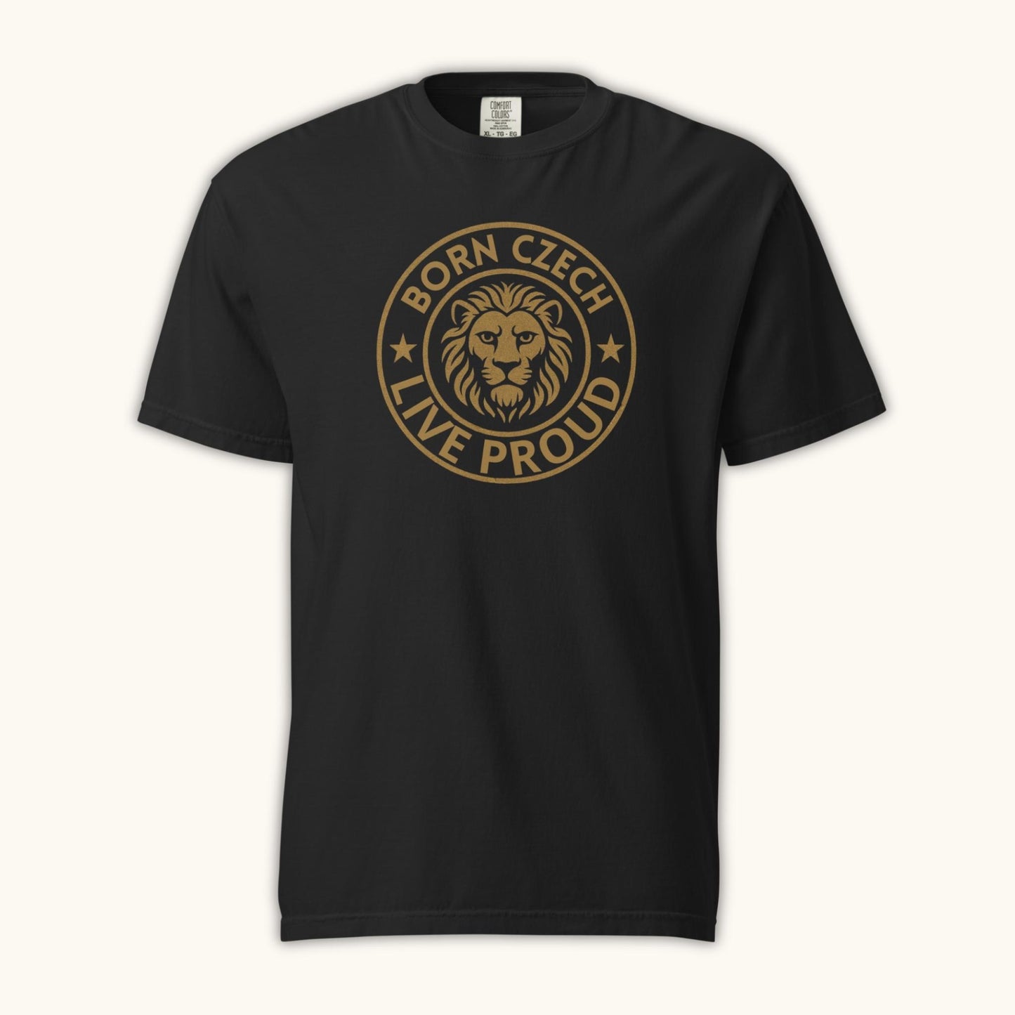 Men’s t-shirt with Czech lion emblem and the phrase Born Czech Live Proud
