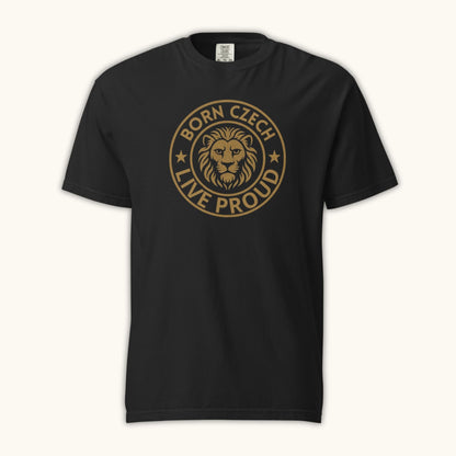 Men’s t-shirt with Czech lion emblem and the phrase Born Czech Live Proud
