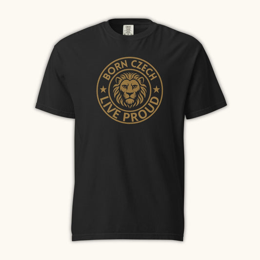 Men’s t-shirt with Czech lion emblem and the phrase Born Czech Live Proud
