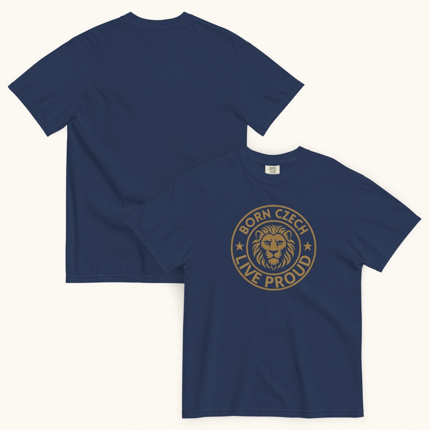 Men’s t-shirt with Czech lion emblem and the phrase Born Czech Live Proud
