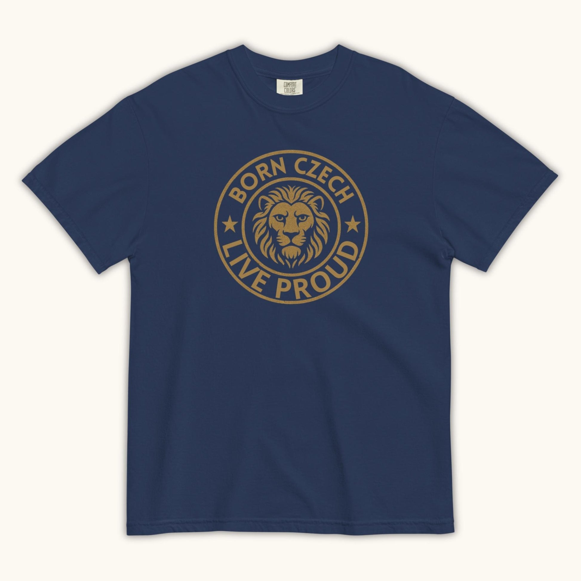 Men’s t-shirt with Czech lion emblem and the phrase Born Czech Live Proud
