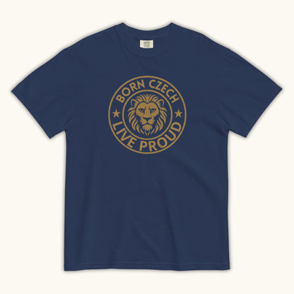Men’s t-shirt with Czech lion emblem and the phrase Born Czech Live Proud
