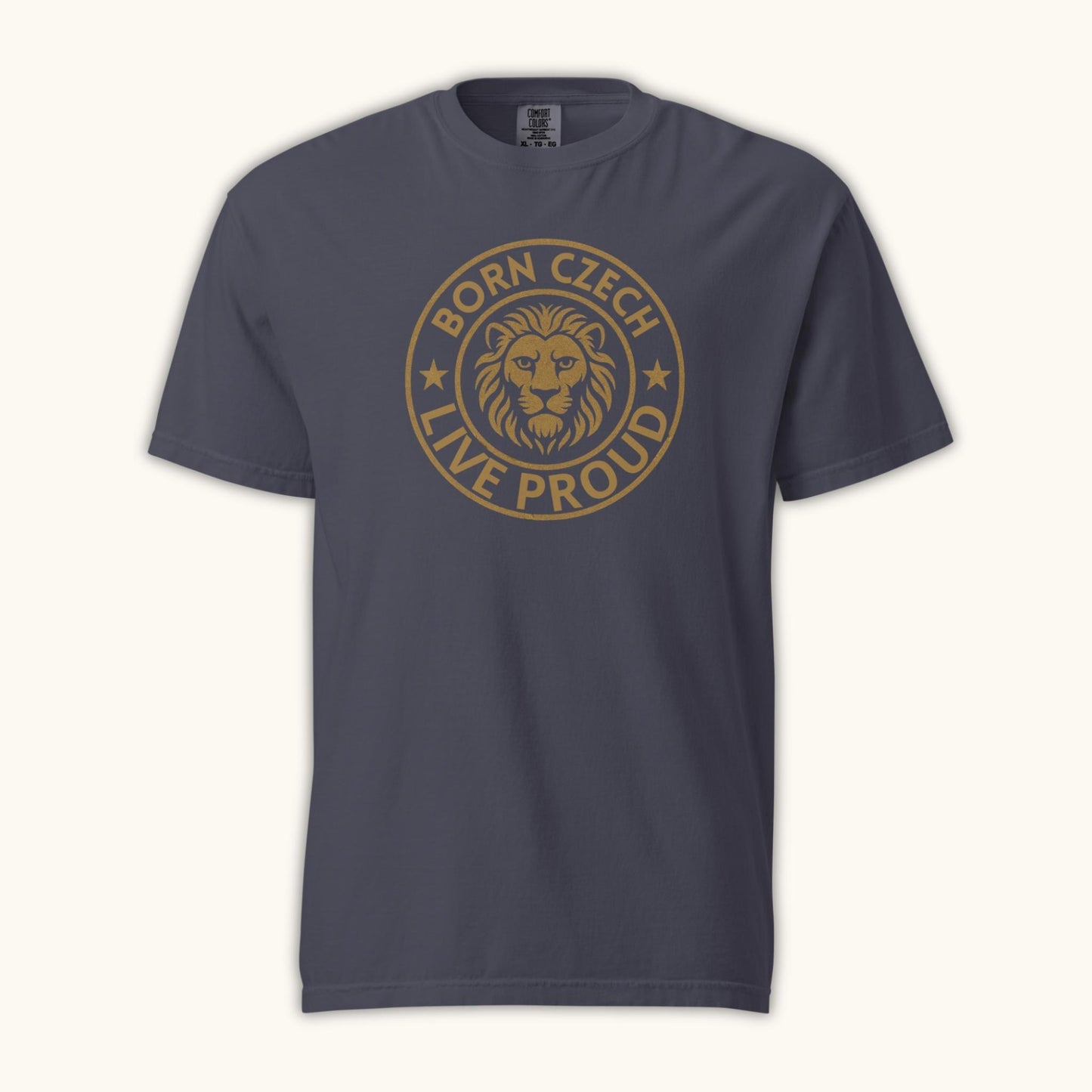 Men’s t-shirt with Czech lion emblem and the phrase Born Czech Live Proud
