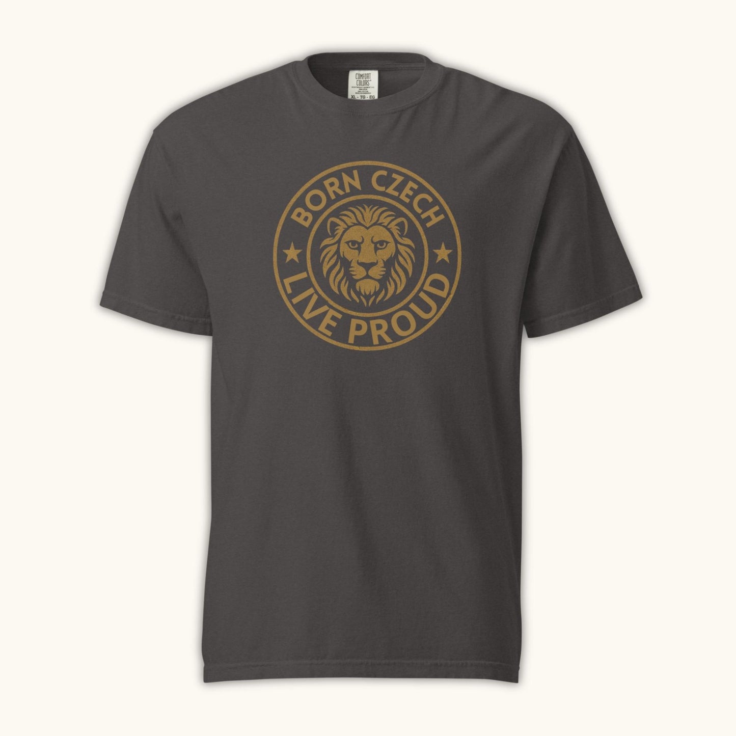 Men’s t-shirt with Czech lion emblem and the phrase Born Czech Live Proud
