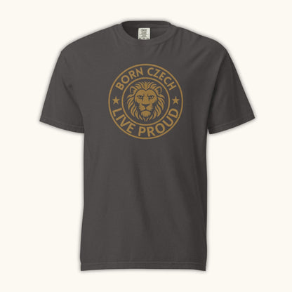 Men’s t-shirt with Czech lion emblem and the phrase Born Czech Live Proud

