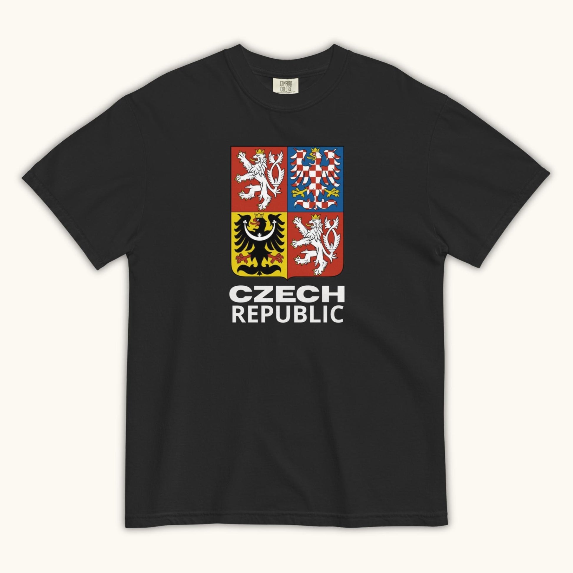 Unisex t-shirt featuring the Czech Republic coat of arms with the four regional crests of Bohemia, Moravia, and Silesia.
