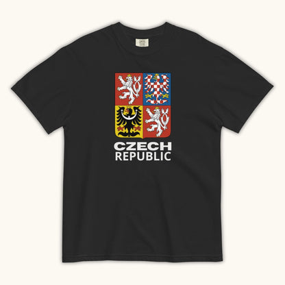 Unisex t-shirt featuring the Czech Republic coat of arms with the four regional crests of Bohemia, Moravia, and Silesia.
