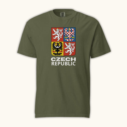 Unisex t-shirt featuring the Czech Republic coat of arms with the four regional crests of Bohemia, Moravia, and Silesia.
