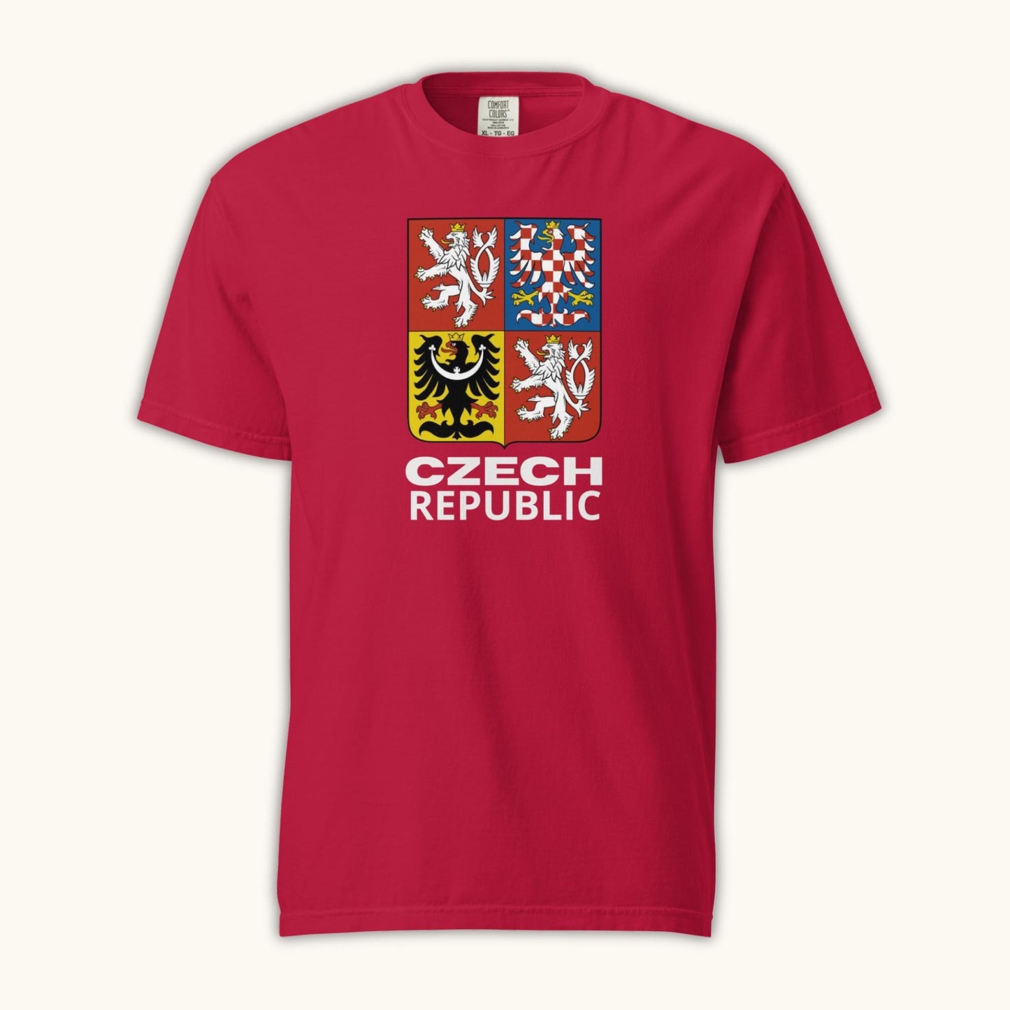 Unisex t-shirt featuring the Czech Republic coat of arms with the four regional crests of Bohemia, Moravia, and Silesia.
