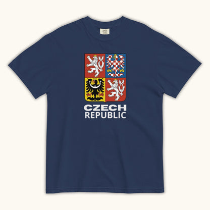 Unisex t-shirt featuring the Czech Republic coat of arms with the four regional crests of Bohemia, Moravia, and Silesia.
