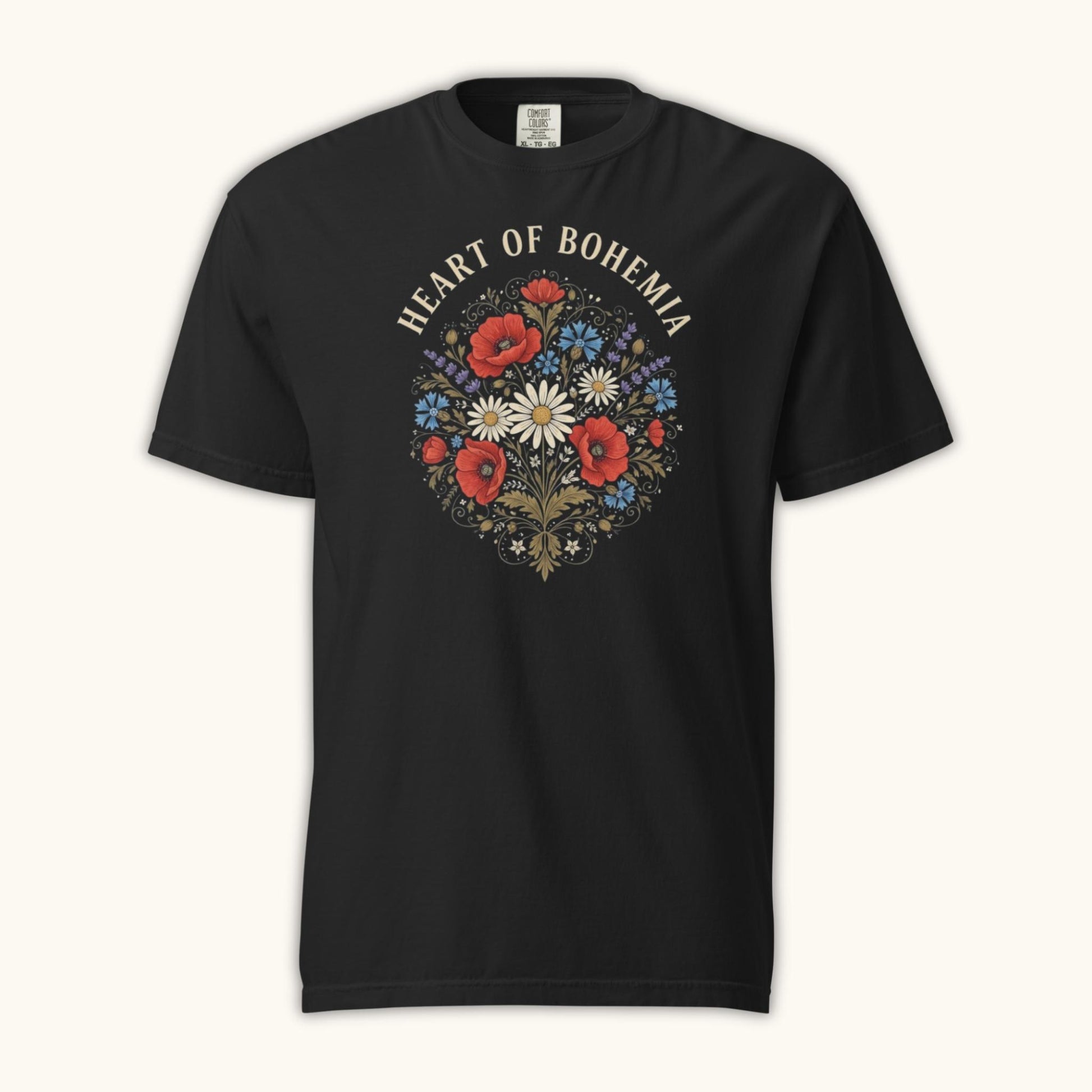 Heart of Bohemia women’s t-shirt with Czech folk floral bouquet illustration
