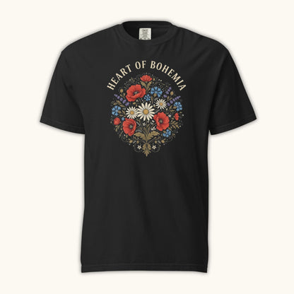 Heart of Bohemia women’s t-shirt with Czech folk floral bouquet illustration

