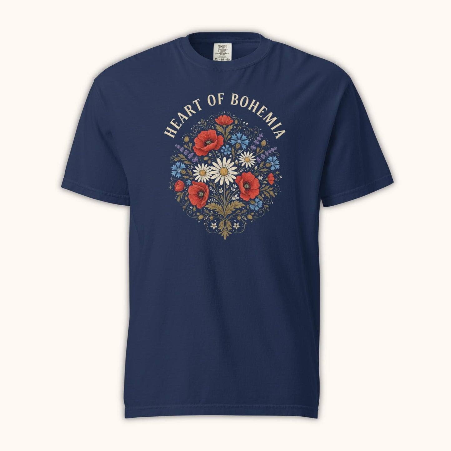 Heart of Bohemia women’s t-shirt with Czech folk floral bouquet illustration
