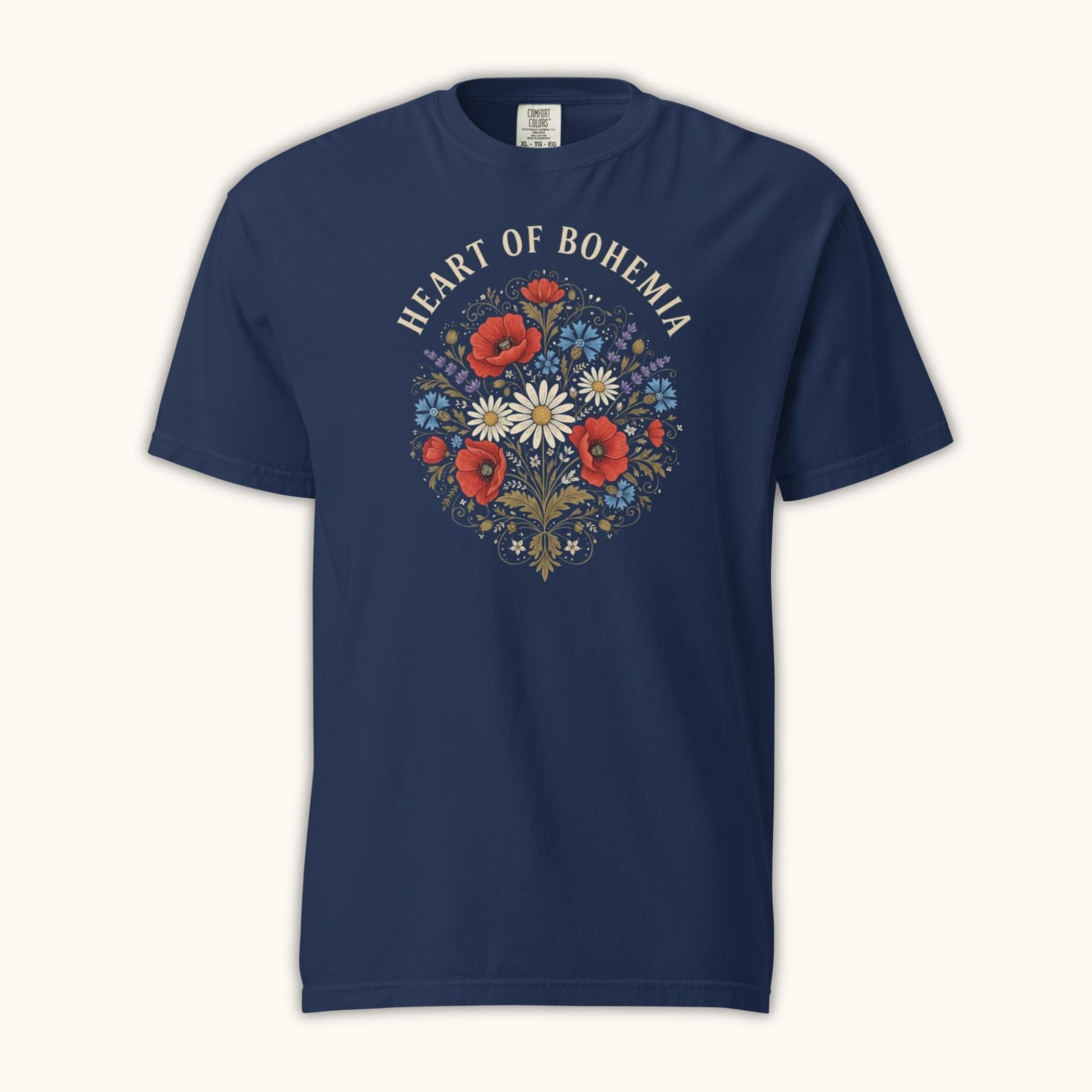 Heart of Bohemia women’s t-shirt with Czech folk floral bouquet illustration
