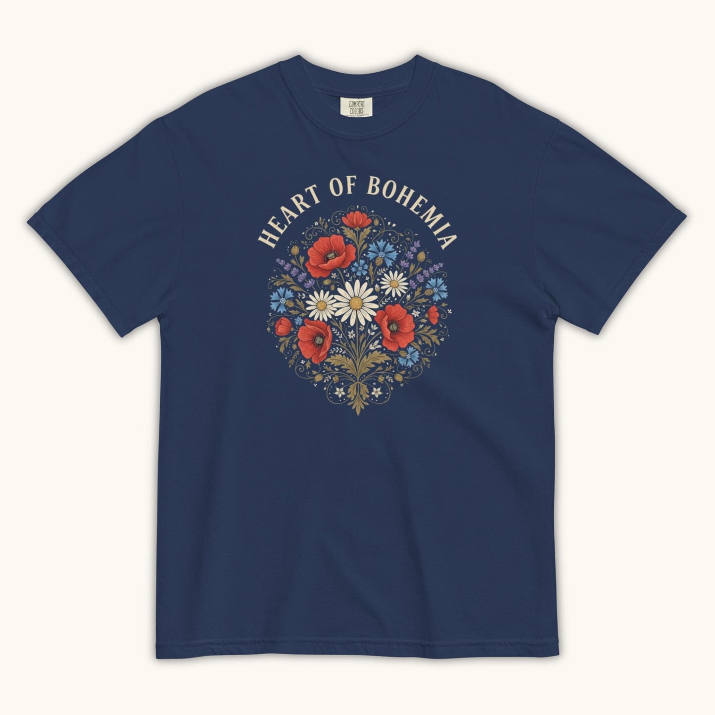 Heart of Bohemia women’s t-shirt with Czech folk floral bouquet illustration
