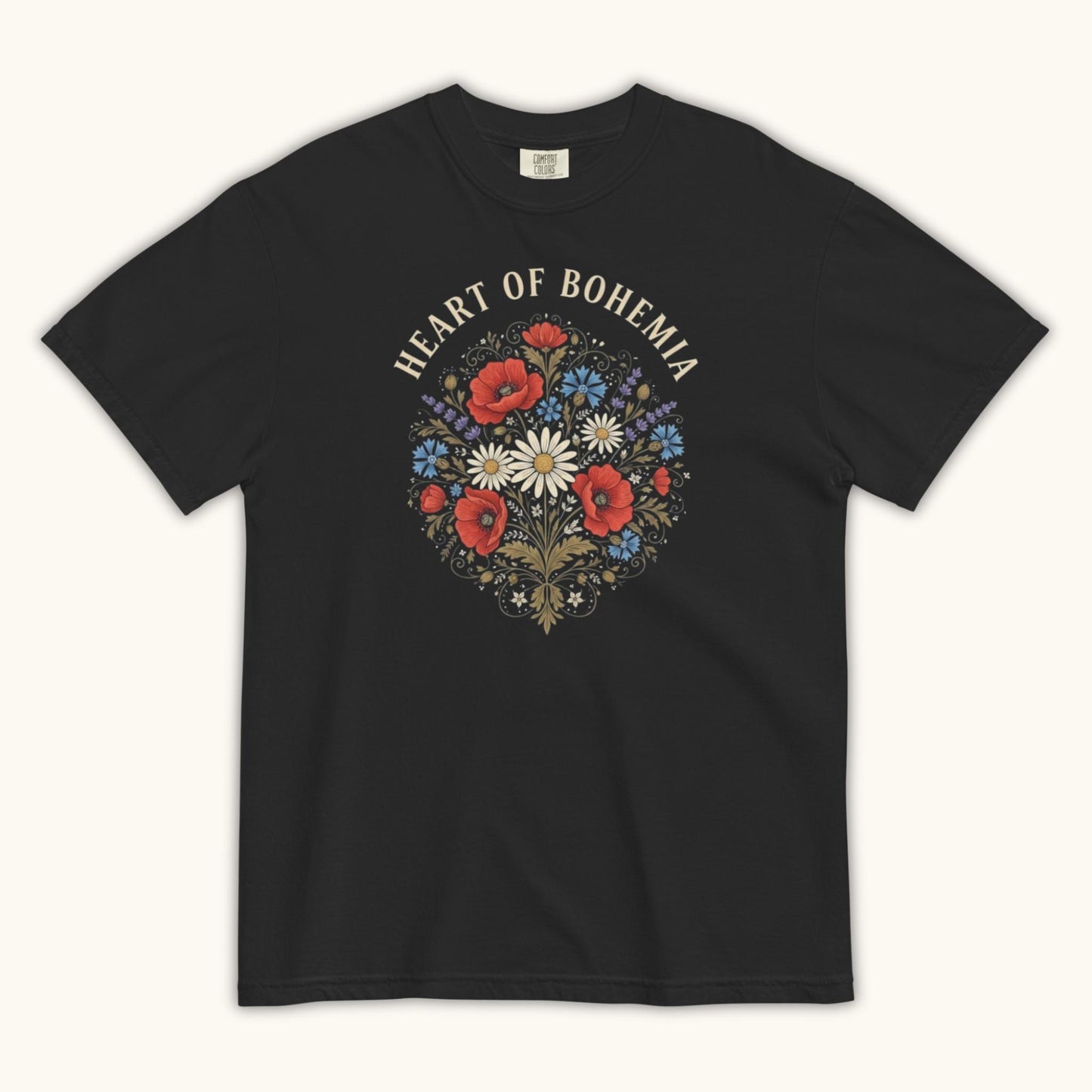 Heart of Bohemia women’s t-shirt with Czech folk floral bouquet illustration
