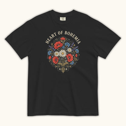 Heart of Bohemia women’s t-shirt with Czech folk floral bouquet illustration
