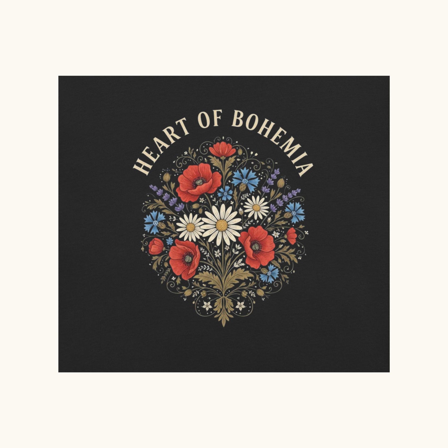 Heart of Bohemia women’s t-shirt with Czech folk floral bouquet illustration
