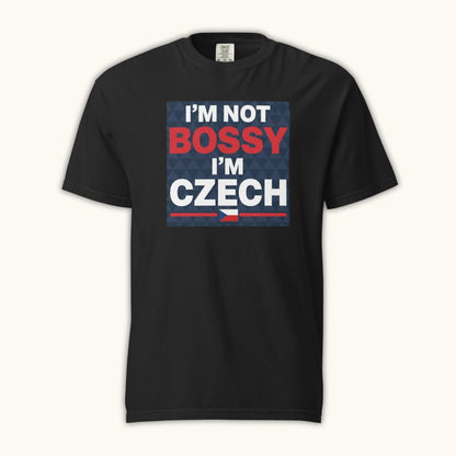 Men’s t-shirt with bold text “I’m Not Bossy I’m Czech” in Czech flag colors
