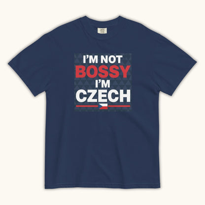 Men’s t-shirt with bold text “I’m Not Bossy I’m Czech” in Czech flag colors
